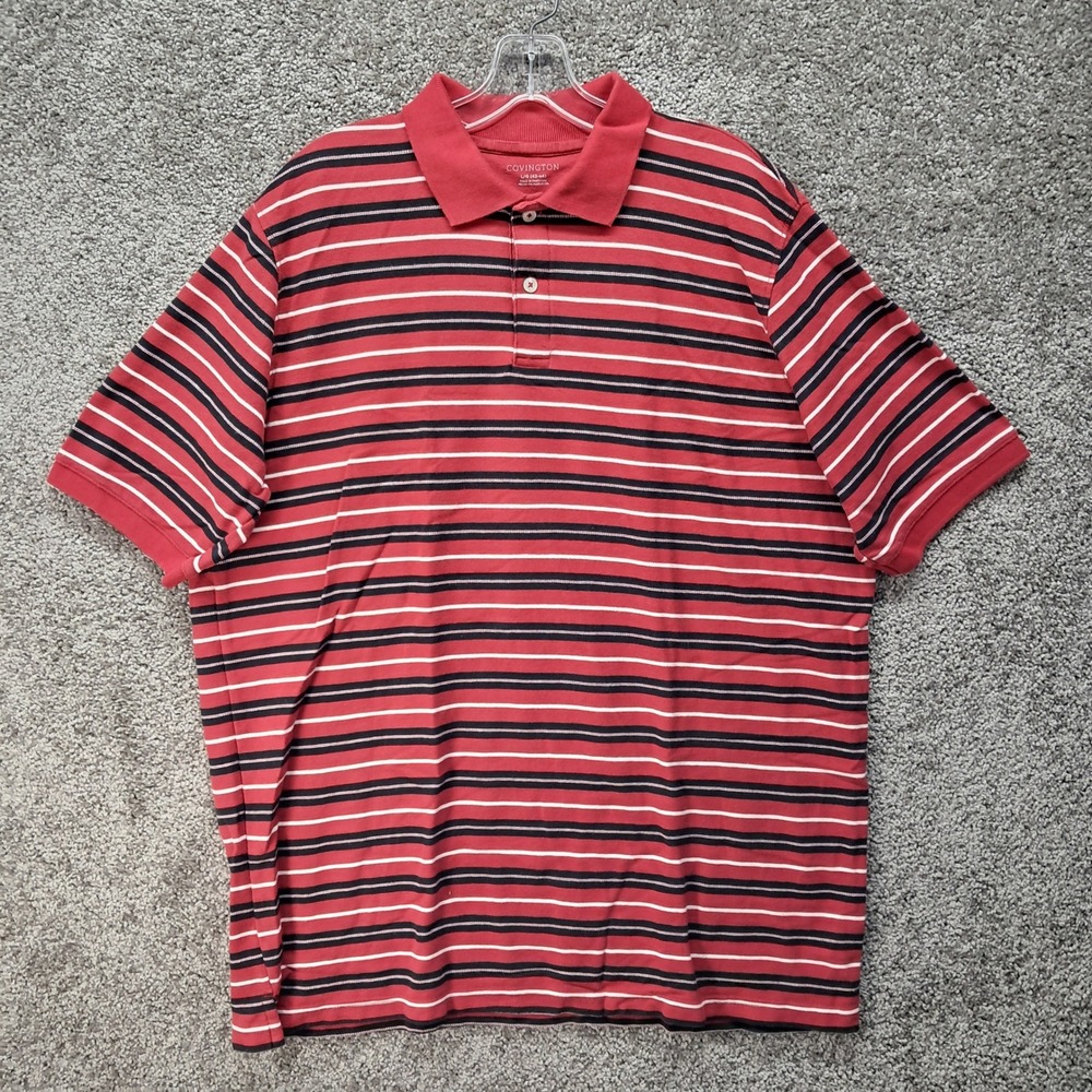 Covington Mens Polo Shirt Large Red Black White Striped Short Sleeve Pique Knit